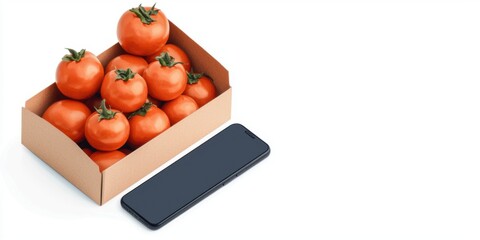 Fresh tomatoes in a cardboard box next to a smartphone on a white background.