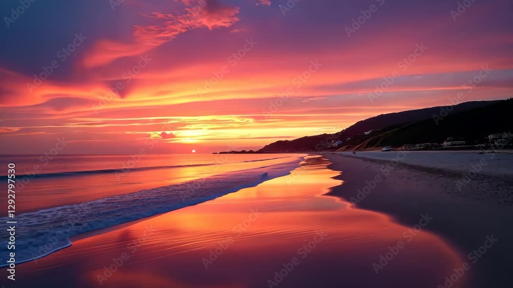 Poster a beautiful sunset over the ocean with a beach in the background. the sky is filled with clouds and 