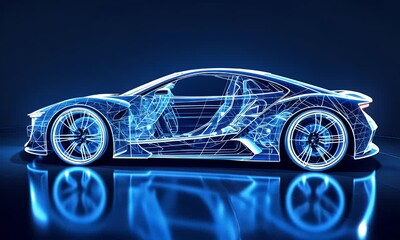 City car Wireframe View - conceptual.X-ray sports car with abstract light streaks. The clip is loop ready.City car unhiding from invisibiliti with electric effects. Speeding Sports Car On Neon Highway - Powered by Adobe