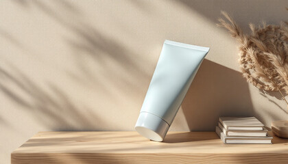 Light Blue Cosmetic Tube on Wooden Shelf Mockup