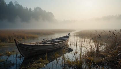 Obraz premium Serene Wooden Rowboat on Misty Lake at Dawn Tranquil Water Scene Peaceful Nature Landscape