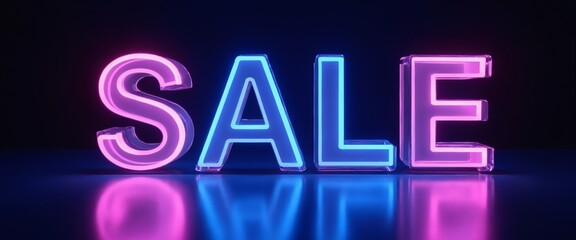 Square banner with iridescent glossy metallic 3D SALE lettering. Neon-like glow. Dark black background.