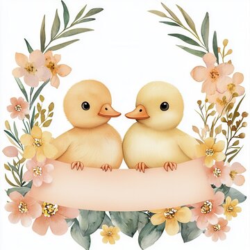 two yellow ducklings floral wreath clip art preview