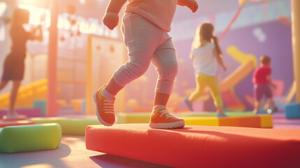 Kids engaging in active play at a vibrant indoor play center, stepping on soft mats in a fun and energetic environment. Image made using Generative AI.