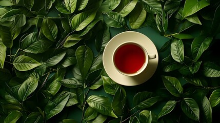 Cup of delicious tea with green leaves on color