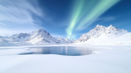 Obraz premium Stunning aurora borealis over snowy mountains and calm lake, showcasing natural beauty and tranquil wilderness.