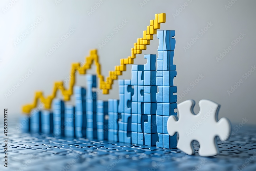 Poster 3D graphic of growing graph with missing pieces and puzzle,  office setting