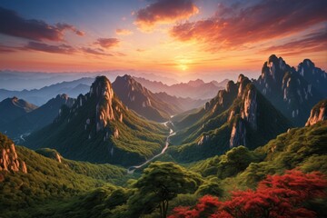 mountains with a river running through them at sunset