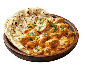 Creamy butter chicken served with naan bread, garnished with fresh herbs, offers rich and flavorful dining experience. Perfect for curry lovers