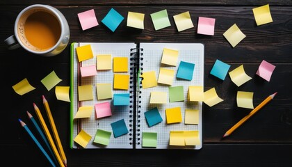 Colorful Sticky Notes on Open Notebook Planner with Coffee and Pencils Top View