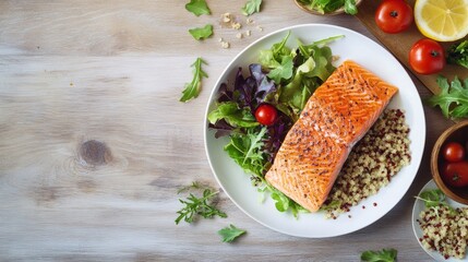 School cafeteria with students eating baked salmon. Featuring baked salmon fillets, quinoa, and mixed greens