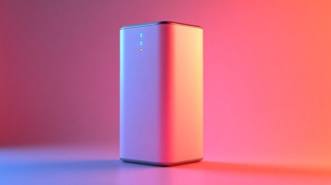 Modern wireless router with red and blue neon lighting on a sleek surface
