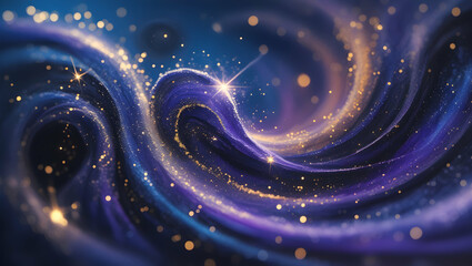 Swirling cosmic spiral with glowing particles and nebula-like forms in blues, purples, and golds.  Abstract and magical, evoking a sense of wonder and the universe.