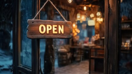 Rustic Open Sign in Cozy Cafe with Warm Lighting and Natural Decor