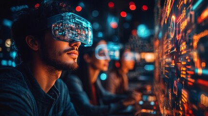 Young man wearing virtual reality headset surrounded by a digital futuristic environment
