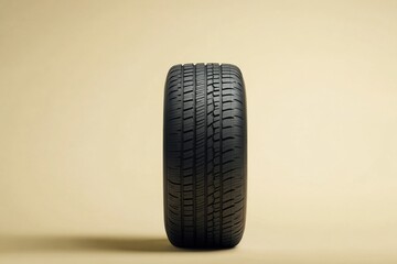 A Single Black Tire Standing Vertically Against a Light Background