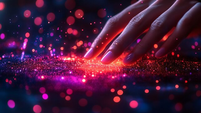 Hands interacting with a vibrant digital interface full of glowing data points
 - Powered by Adobe