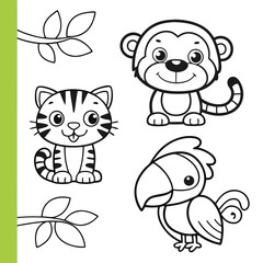 Cute Jungle Animal Friends Tiger Cub, Monkey, Frog, Toucan, and Parrot
