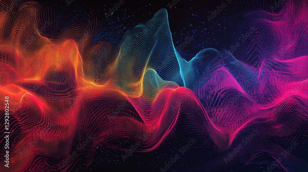 Poster converging neon-colored data streams into a digital entity virtual realm visual art tech environment