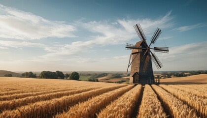 Fototapeta premium Picturesque Wooden Windmill in Golden Wheat Field under a Sunny Sky Rural Landscape Scenery