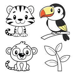 Color Your Favorite Jungle Animals Tiger Cub, Monkey, Frog, Toucan, and Parrot