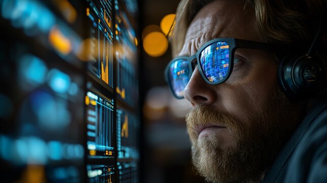 Focused man wearing high-tech glasses analyzing complex data on digital screens
 - Powered by Adobe