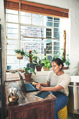 Smile, woman and laptop with credit card at store of online shopping, order supplies and payment....