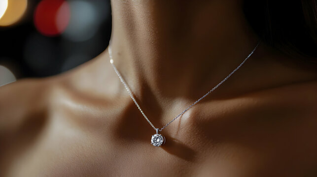 Elegant solitaire diamond pendant necklace on a woman's neck with dark background