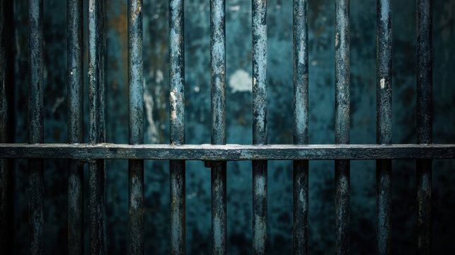 Close-up of Rusty Jail Bars Against a Grungy Blue Wall Surface