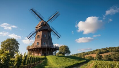 Fototapeta premium Majestic Wooden Windmill on a Sunny Day with Lush Green Fields and Blue Sky