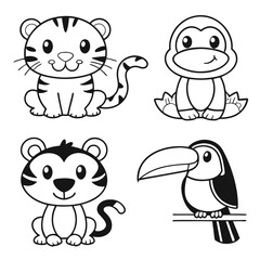 Kids Jungle Animal Collection Tiger Cub, Monkey, Frog, Toucan, and Parrot