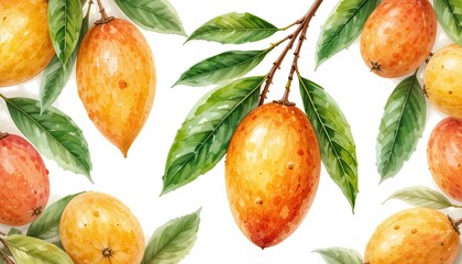 Harvesting fresh mangoes tropical orchard watercolor art vibrant nature close-up view fruit concept