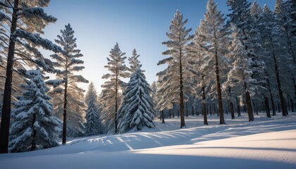 Obraz premium Majestic Winter Wonderland Snow Covered Pine Trees in a Sunlit Forest
