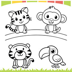 Friendly Jungle Animals Set Tiger Cub, Monkey, Frog, Toucan, and Parrot to Color
