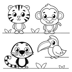 Cute Jungle Creatures Tiger Cub, Monkey, Frog, Toucan, and Parrot Coloring Page