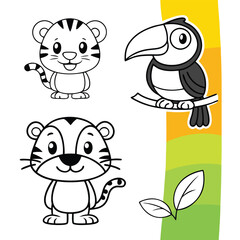 Friendly Jungle Animals for Coloring Tiger Cub, Monkey, Frog, Toucan, and Parrot