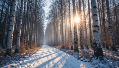 Naklejka premium Sunlit Winter Path Through a Birch Tree Forest A Snowy Landscape Scene