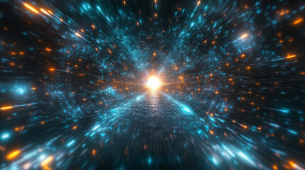 Virtual space with blue and orange futuristic digital lines. A dynamic abstract technology inspired background.