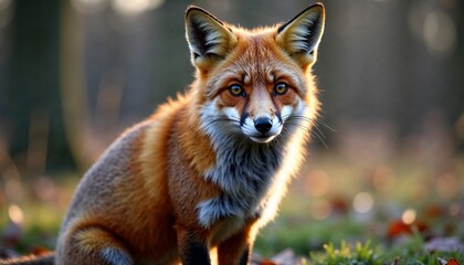 Fototapeta premium Close-up of a red fox sitting in forest with keen gaze and vibrant fur