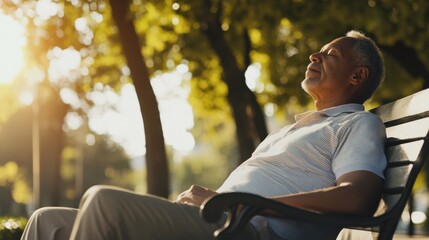 Hypertension patient relaxing on a park bench under the sun. Featuring stress relief and outdoor relaxation