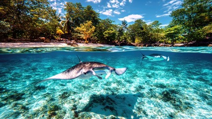 Manta rays swim in tropical ocean near island