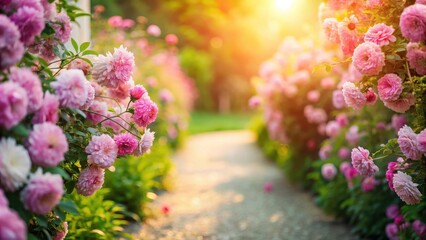 Obraz premium Soft focus pink flowers blooming in empty white garden path at sunset , pink flowers, soft focus, pink flowers, soft focus