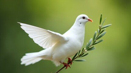 Obraz premium A close-up of a white dove holding an olive branch, with soft feathers and a blurred green background