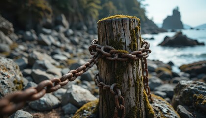 Obraz premium Rusted Chain Wrapped Around Mossy Wooden Post on Rocky Coastline Ocean View Background