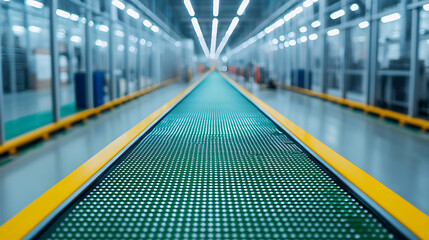 Fototapeta premium Efficient electronics manufacturing process high-tech facility conveyor belt system modern industrial environment wide-angle view production workflow