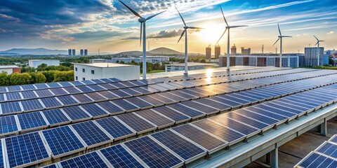 Sustainable Energy Infrastructure Solar Panels and Wind Turbines Harmoniously Powering a Modern Building at Sunset