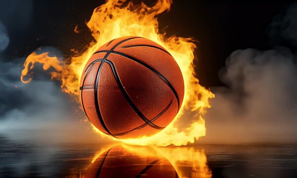 Flaming basketball ball on black background, sports and basketball concept.Fiery Basket Ball. with Alpha Channel.Basketball ball on fire on a black background.Basketball bright flamy symbol on the bla
