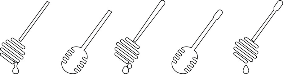 Honey dipper stick icon set, honey stick icons vector graphic designs elements, isolated on transparent background. Honey ladle. Square button. Minimalism concept, used for food and beverage pictogram