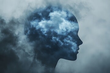 Woman's head profile, clouded mind, stormy sky, abstract art