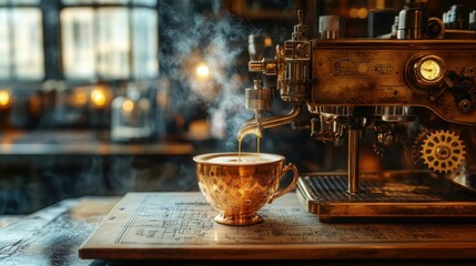 Steampunk Coffee Machine Dispensing Espresso into Gold Cup, Vintage, Retro Style, Generated AI